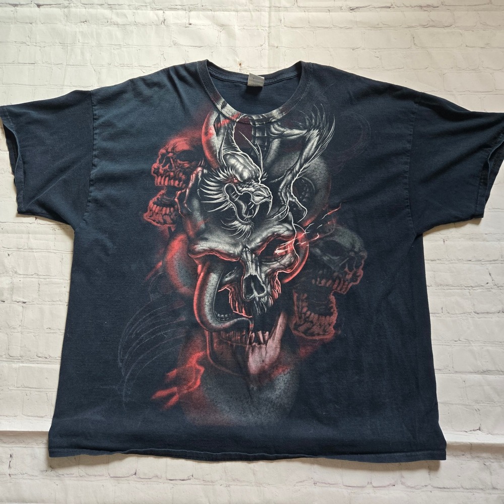 Mens Y2k skater grunge red Dragon Skulls smoke streetwear Graphic tee sz 3X